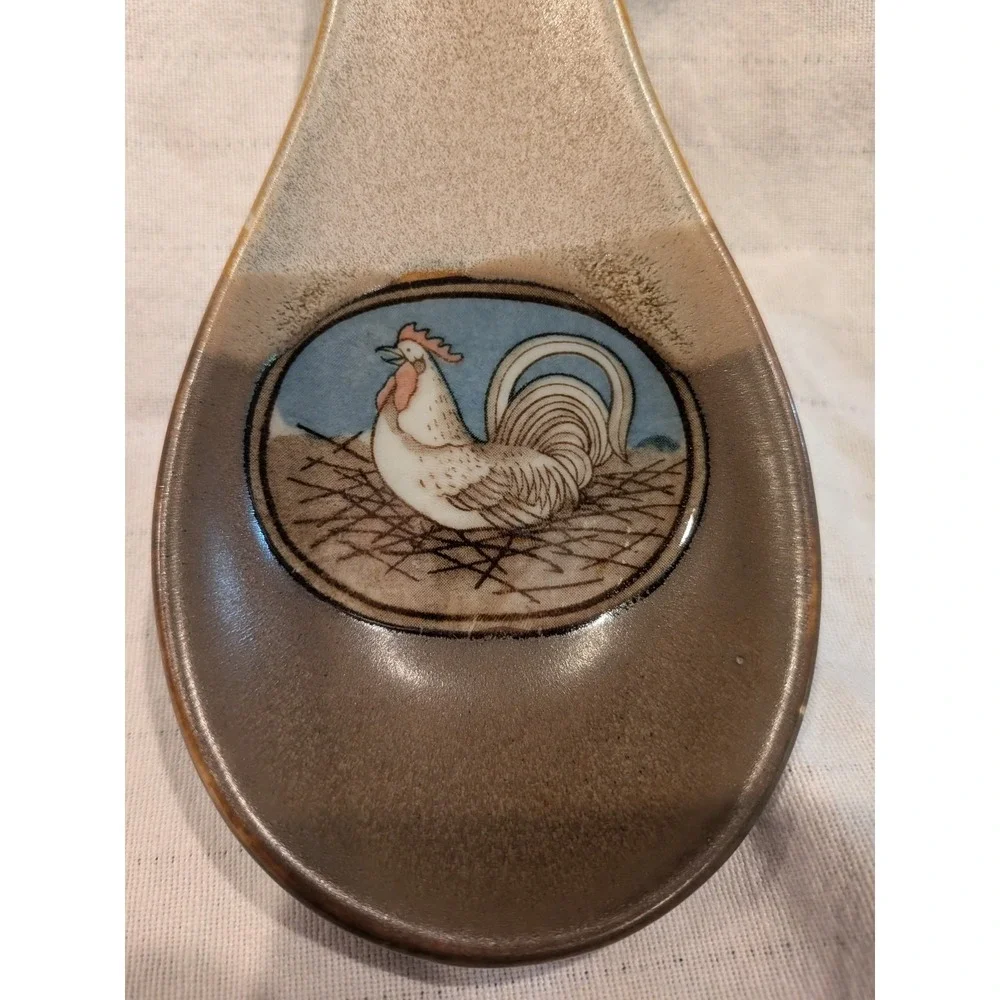 Vintage Otagiri Rooster Spoon Rest Country Chickens Brown Beige Ceramic Japan
